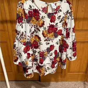 Time and Tru Ivory Floral Ruffle Bell-Sleeve Tunic with Red & Mustard Blooms